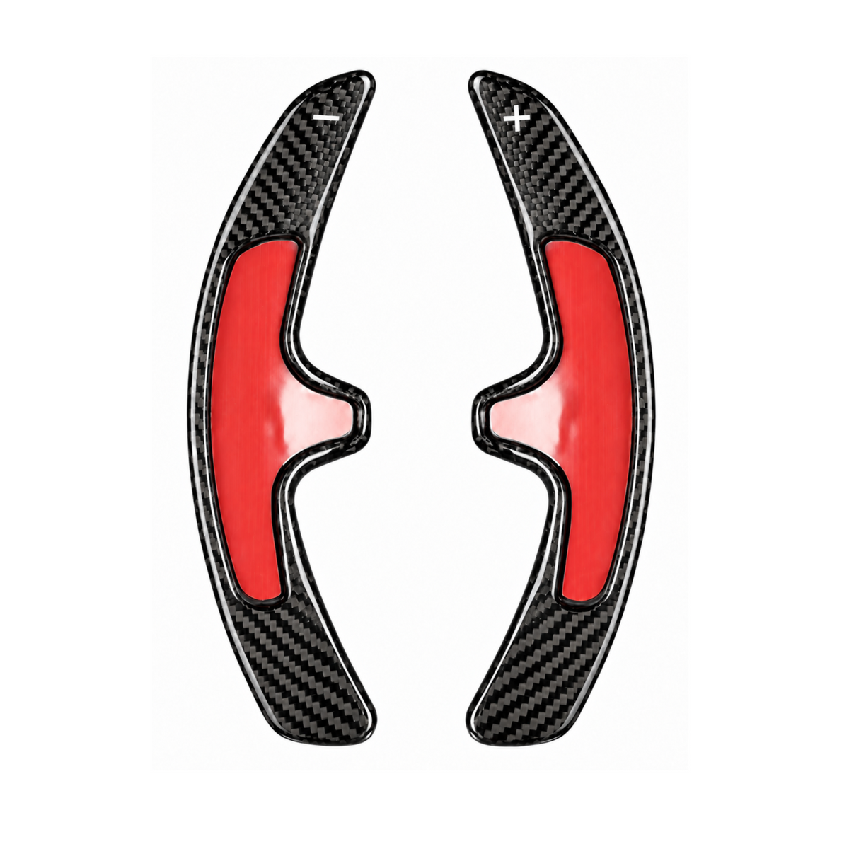 Porsche SportDesign-Schaltwippen aus schwarzem Carbon – Paar mit roter Schutzfolie auf den Klebepads