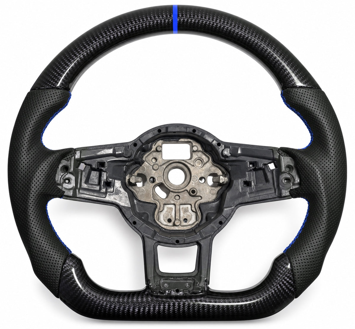 Golf-7-Lenkrad mit Carbon, perforiertem Leder-Imitat, blauer Naht und blauer 12-Uhr-Markierung