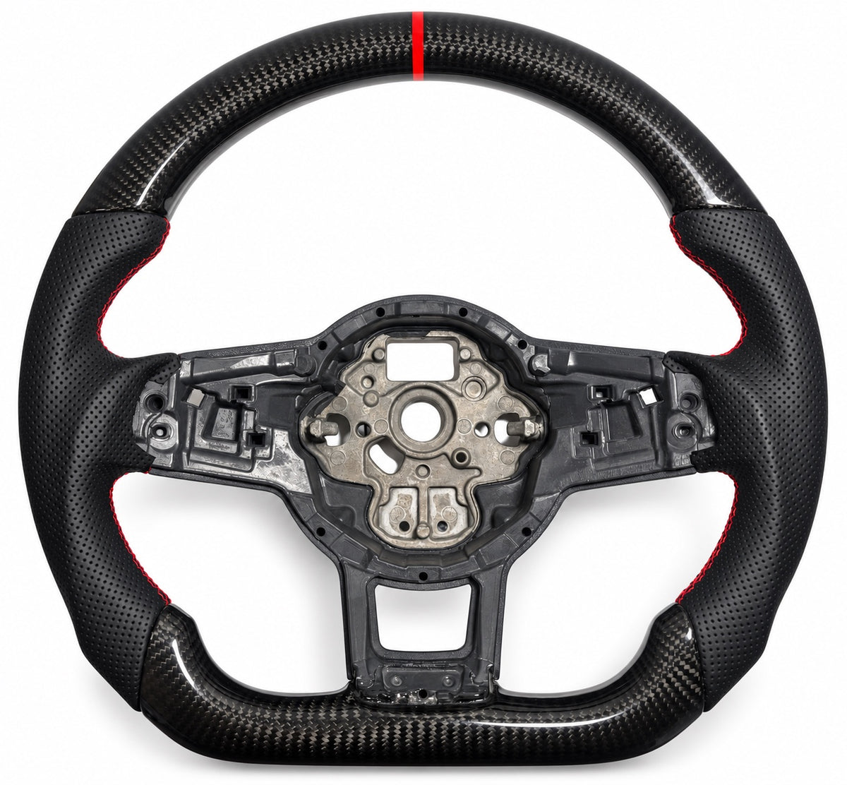 Golf-7-Lenkrad mit Carbon und perforiertem Leder-Imitat, roter Naht und roter 12-Uhr-Markierung