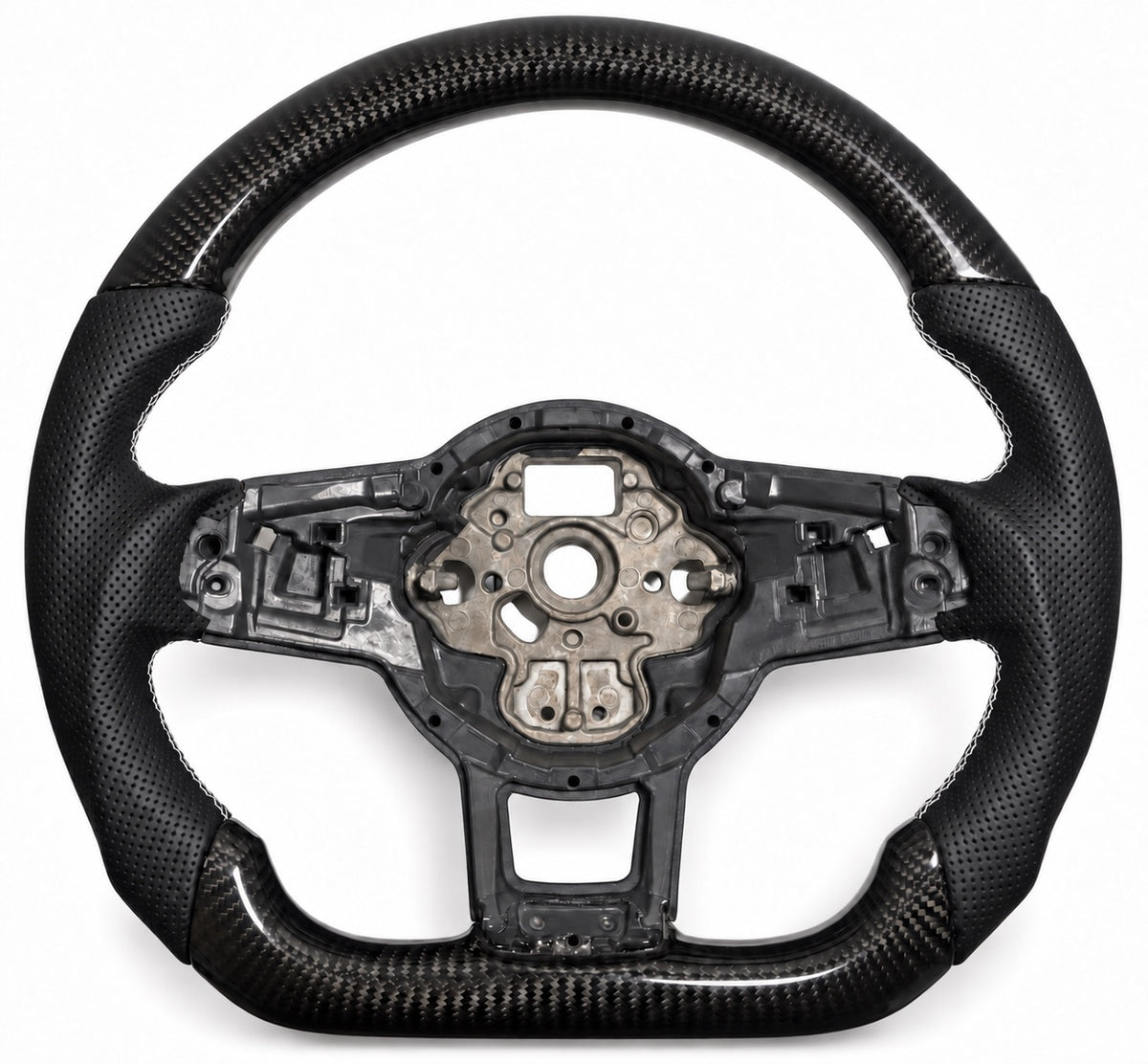 Golf-7-Lenkrad mit Carbon und perforiertem Leder-Imitat, weißer Naht und ohne 12-Uhr-Markierung