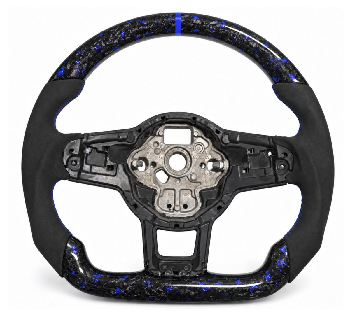 Golf-7-Lenkrad mit blauem Forged Carbon, Wildleder-Imitat, blauer Naht und blauer 12-Uhr-Markierung