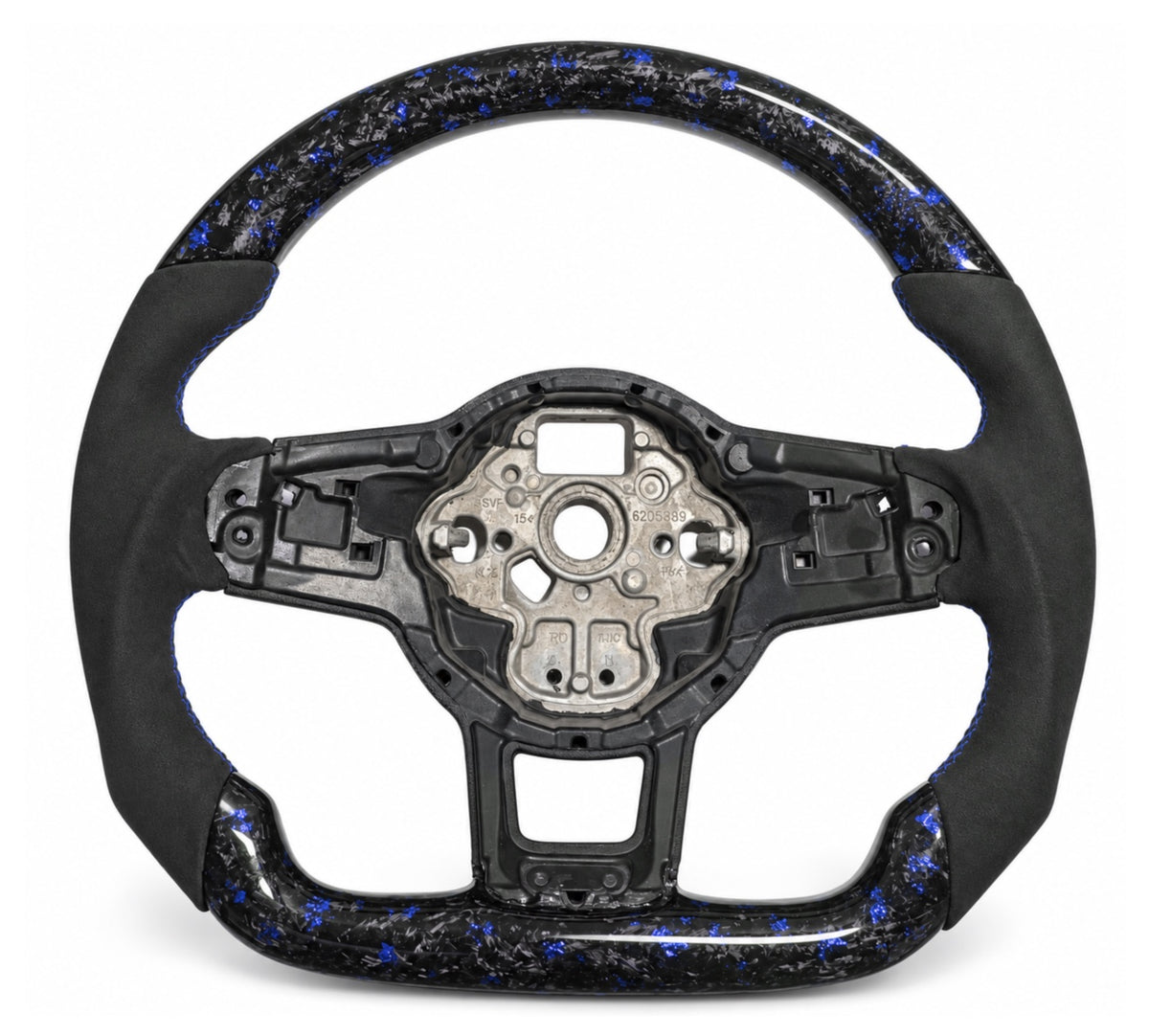 Golf-7-Lenkrad mit blauem Forged Carbon, Wildleder-Imitat, blauer Naht und ohne 12-Uhr-Markierung