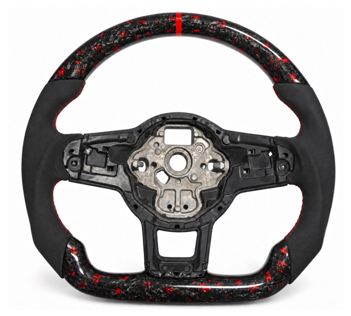 Golf-7-Lenkrad mit rotem Forged Carbon, Wildleder-Imitat, roter Naht und roter 12-Uhr-Markierung