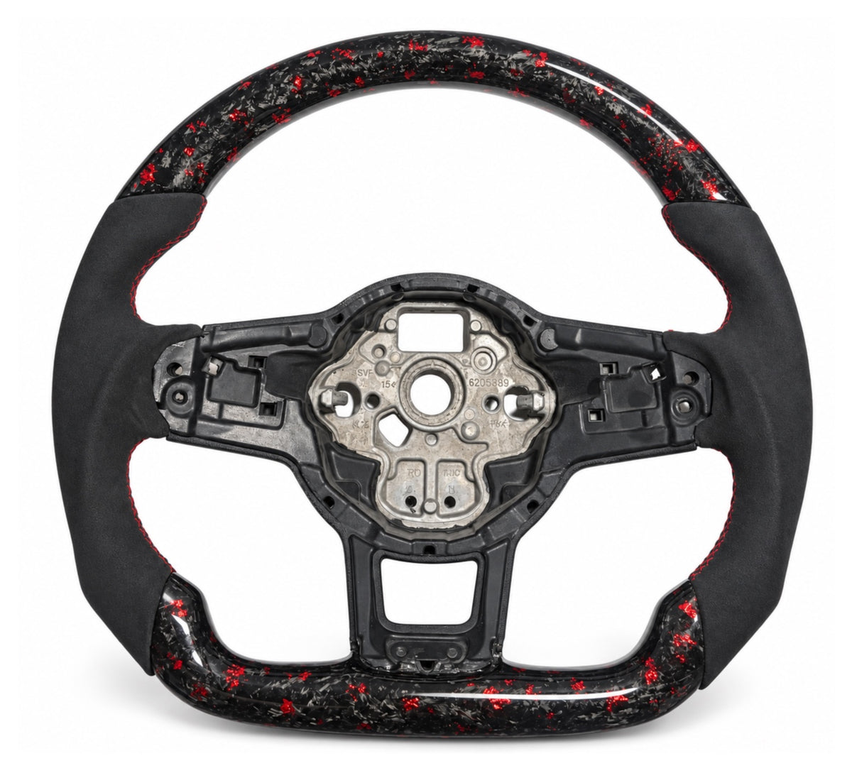 Golf-7-Lenkrad mit rotem Forged Carbon, Wildleder-Imitat, roter Naht und ohne 12-Uhr-Markierung