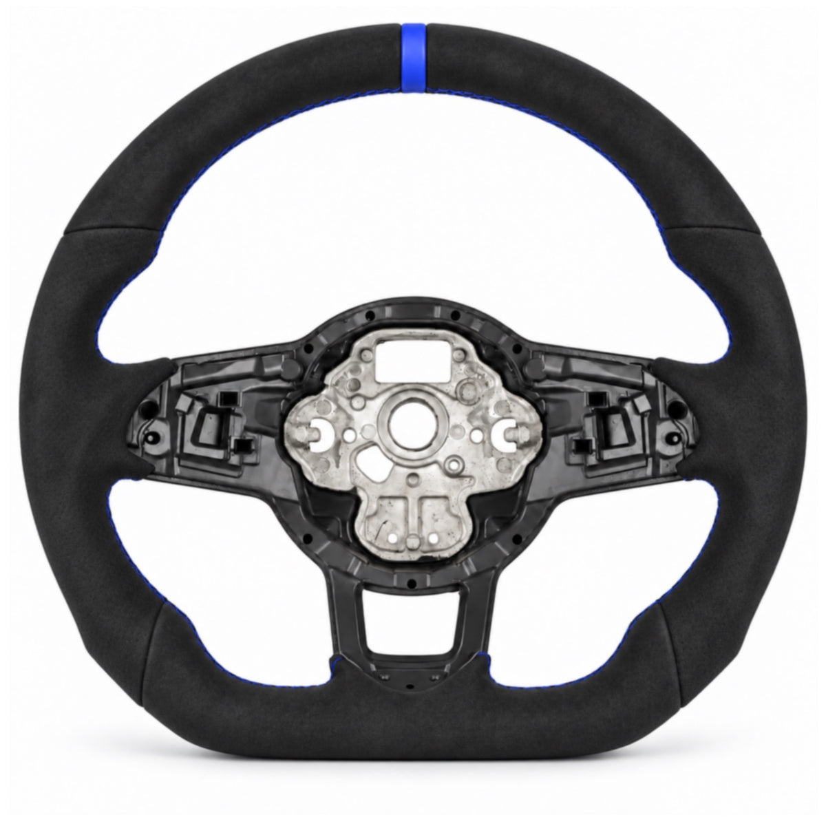 VW Golf 7 Lenkrad mit Voll-Wildleder-Imitat, aufgepolsterte Form, blaue Naht und blaue 12-Uhr-Markierung