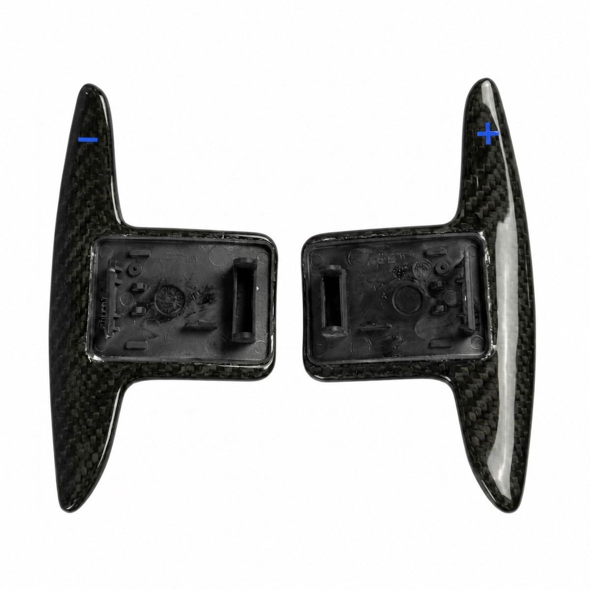 Hyundai V2 Carbon-Ersatzschaltwippen mit blauen Plus-/Minus-Zeichen – Rückseite mit Aufnahme