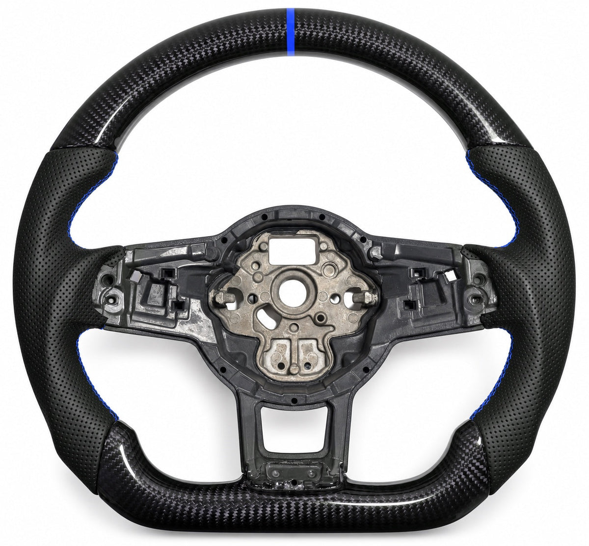 VW Polo 6 AW Lenkrad mit Carbon, perforiertem Leder-Imitat, blauer Naht und blauer 12-Uhr-Markierung
