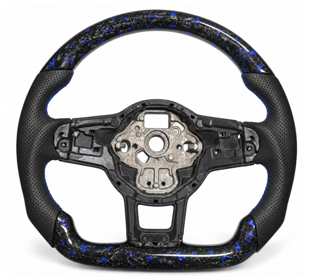 VW Polo 6 AW Lenkrad mit blauem Forged Carbon, perforiertem Leder-Imitat, blauer Naht und ohne 12-Uhr-Markierung