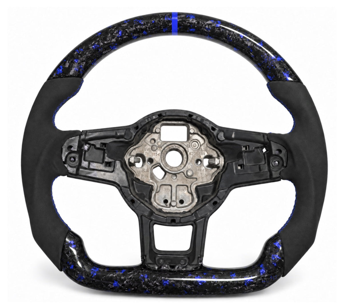 VW Polo 6 AW Lenkrad mit blauem Forged Carbon, Wildleder-Imitat, blauer Naht und blauer 12-Uhr-Markierung