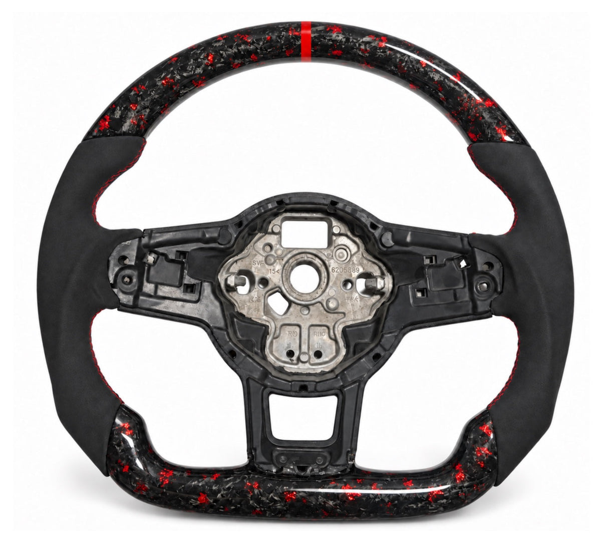 VW Polo 6 AW Lenkrad mit rotem Forged Carbon, Wildleder-Imitat, roter Naht und roter 12-Uhr-Markierung