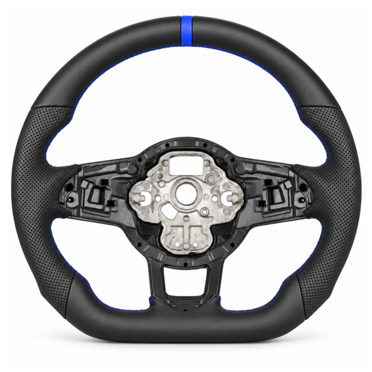 VW Polo 6 AW Lenkrad mit glattem und perforiertem Leder-Imitat, blauer Naht und blauer 12-Uhr-Markierung