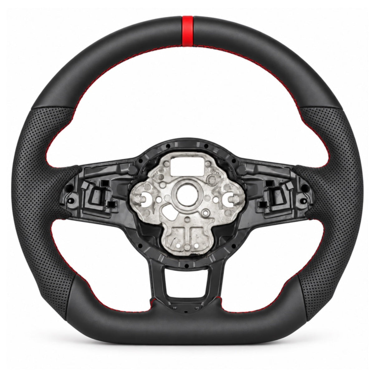 VW Polo 6 AW Lenkrad mit glattem und perforiertem Leder-Imitat, roter Naht und roter 12-Uhr-Markierung