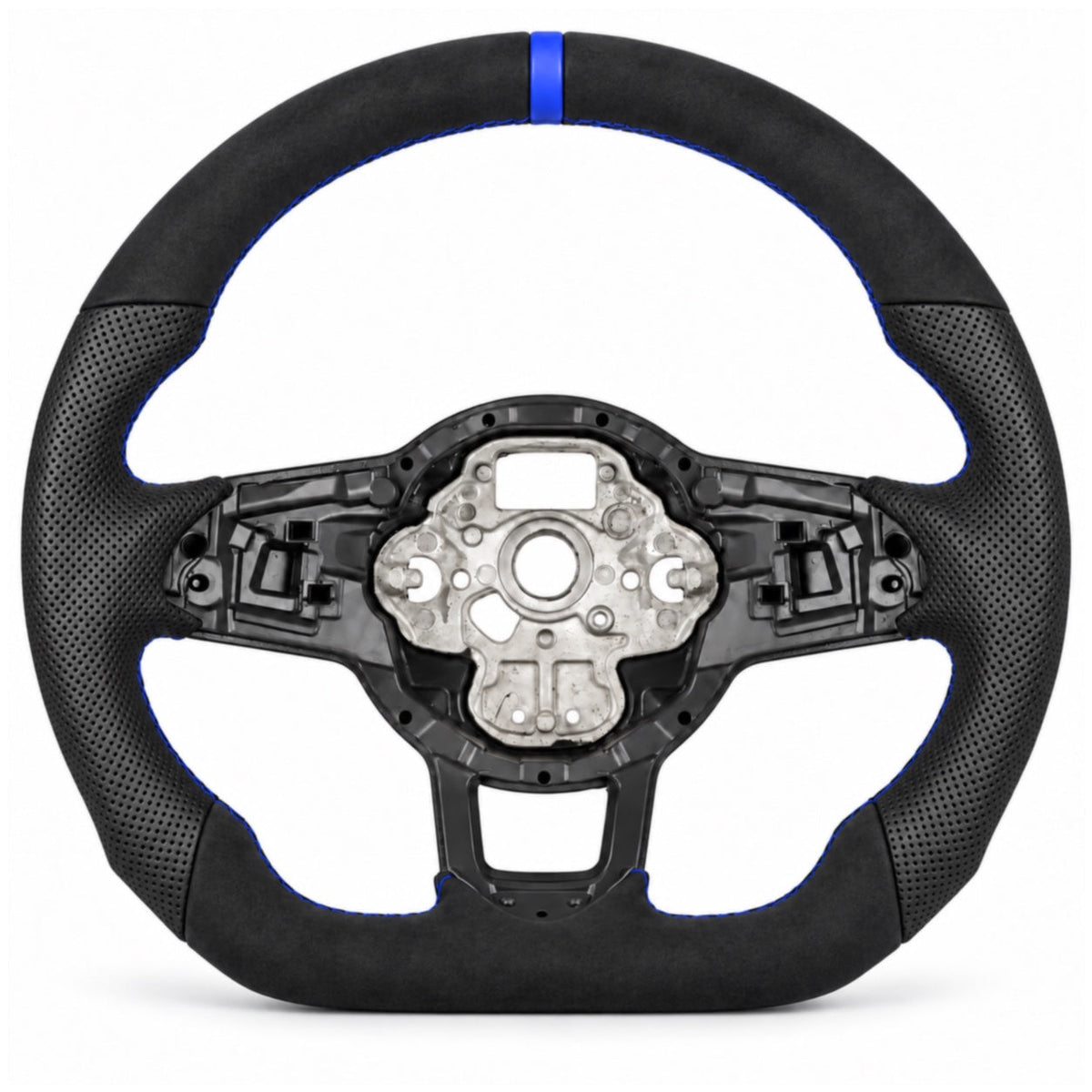 VW Polo 6 AW Lenkrad mit Wildleder-Imitat oben und unten, perforiertem Leder-Imitat an den Seiten, blauer Naht und blauer 12-Uhr-Markierung