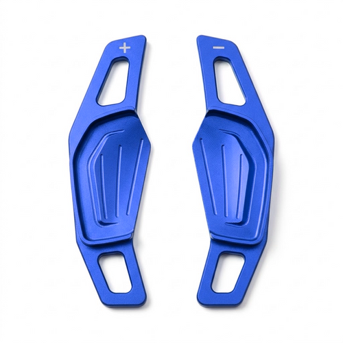 Škoda Octavia IV (NX) Aluminium-Schaltwippenverlängerungen in Blau – Plus-Wippe links und Minus-Wippe rechts, auch für weitere Škoda-Modelle